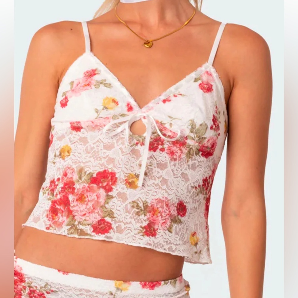 Edikted White Lace Camisole with Pink & Red Floral Print